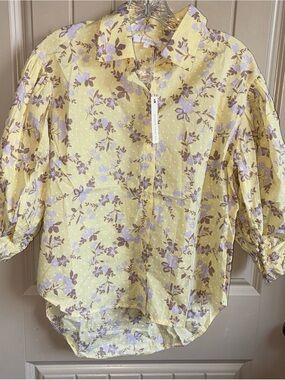 Olivaceous Yellow Floral Button-Front Top with Lilac and Brown Print